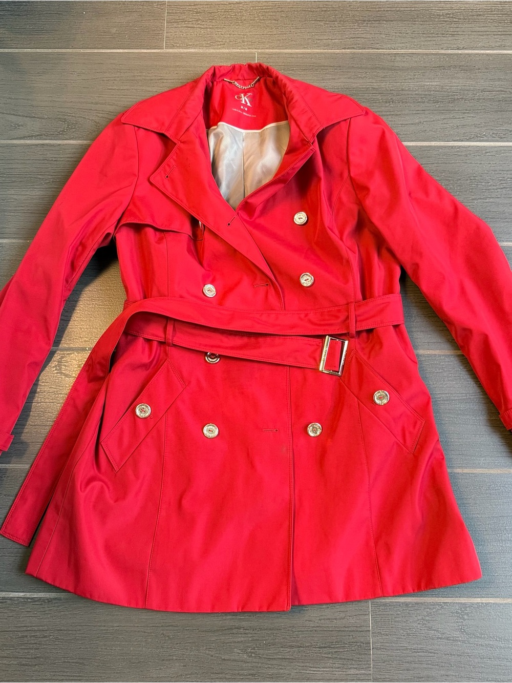 Calvin Klein Vibrant Red Double-Breasted Trench Coat with Belt